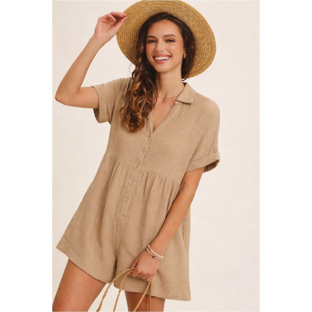Things Between Cotton Gauze Tan Oversized Romper, S